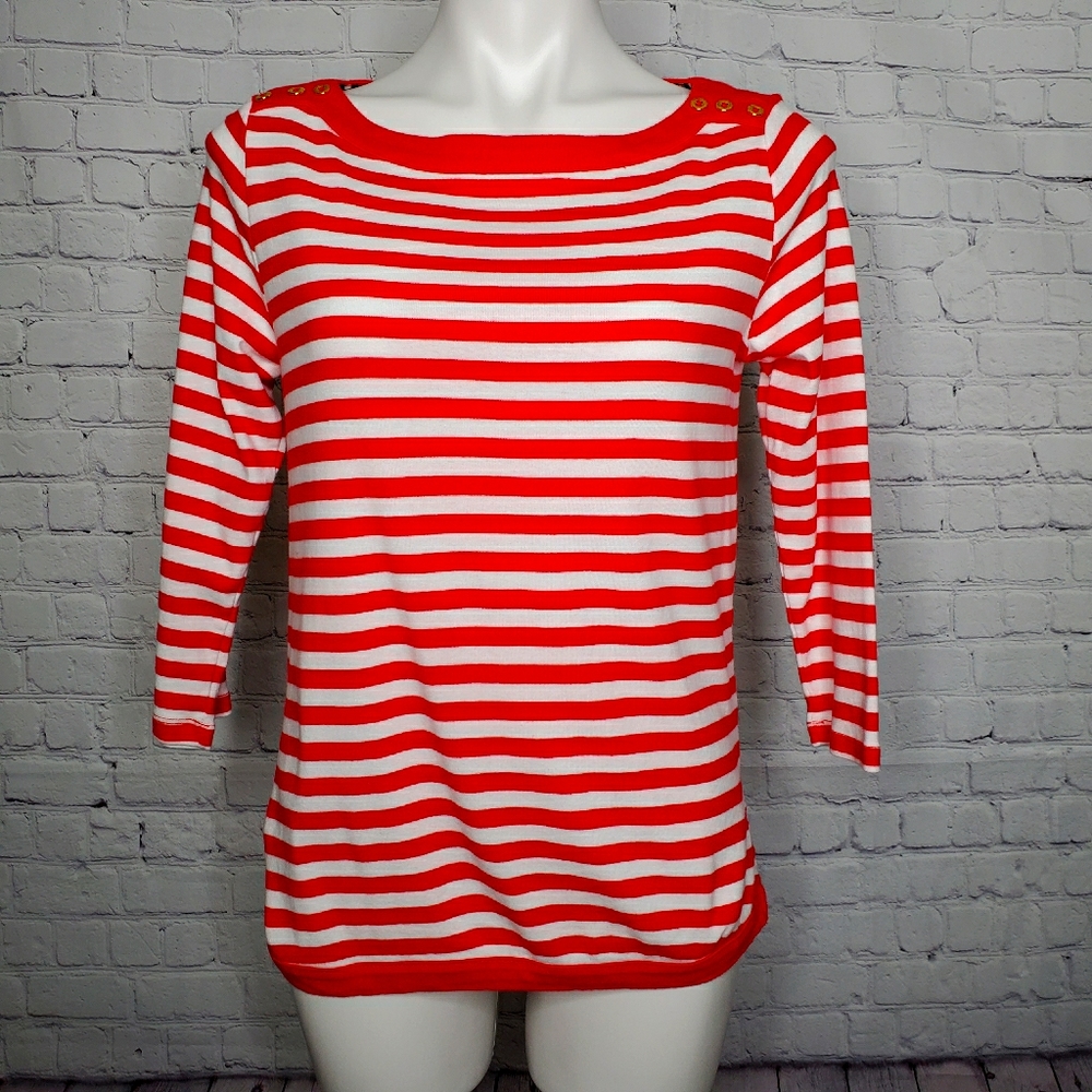 Rafaella Red Striped Top With Gold Buttons Size M